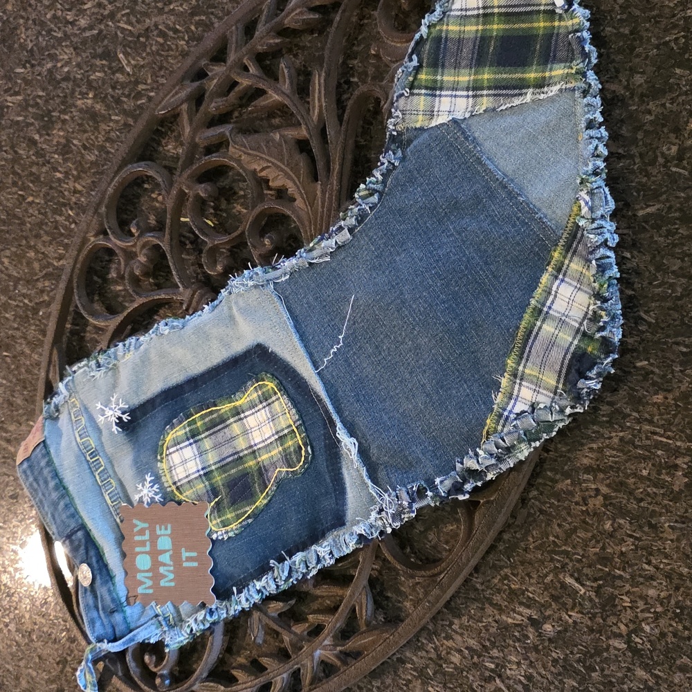 HAND CRAFTED Christmas Stocking UPCYCLED Flannel Fabric Denim Blue Jeans - Picture 2 of 12